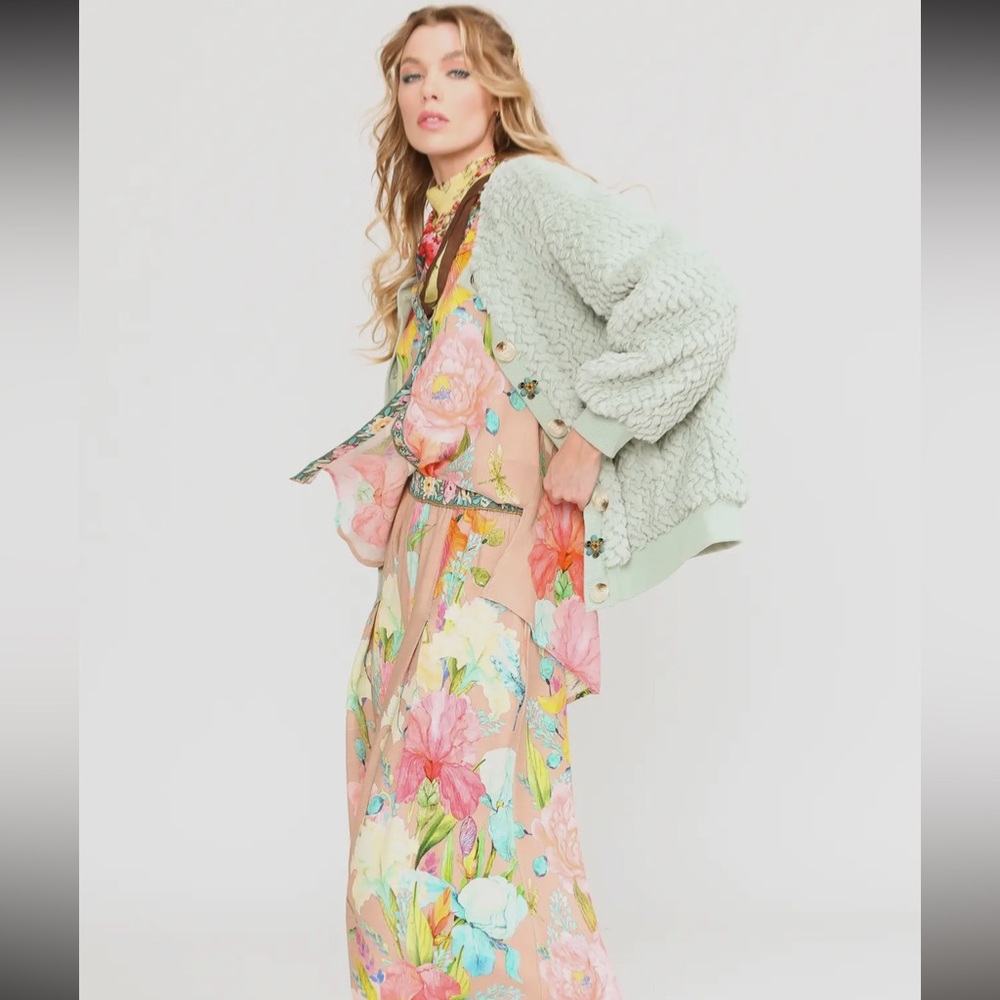 ARATTA Nellie Boho Luxe Mint Fur Jacket Satin Lined Crystal Buttons Boutique - Picture 7 of 16